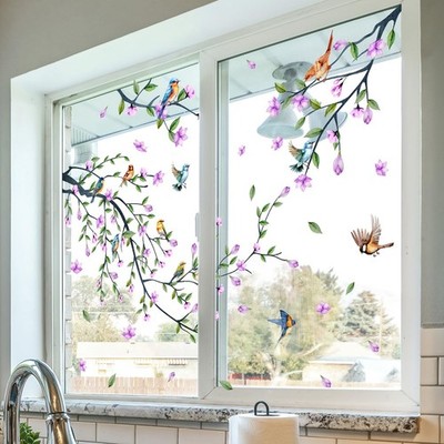 Purple Blossom Branch & Bird Wall Stickers - Tree Branch Flower Bird Wall Mur...
