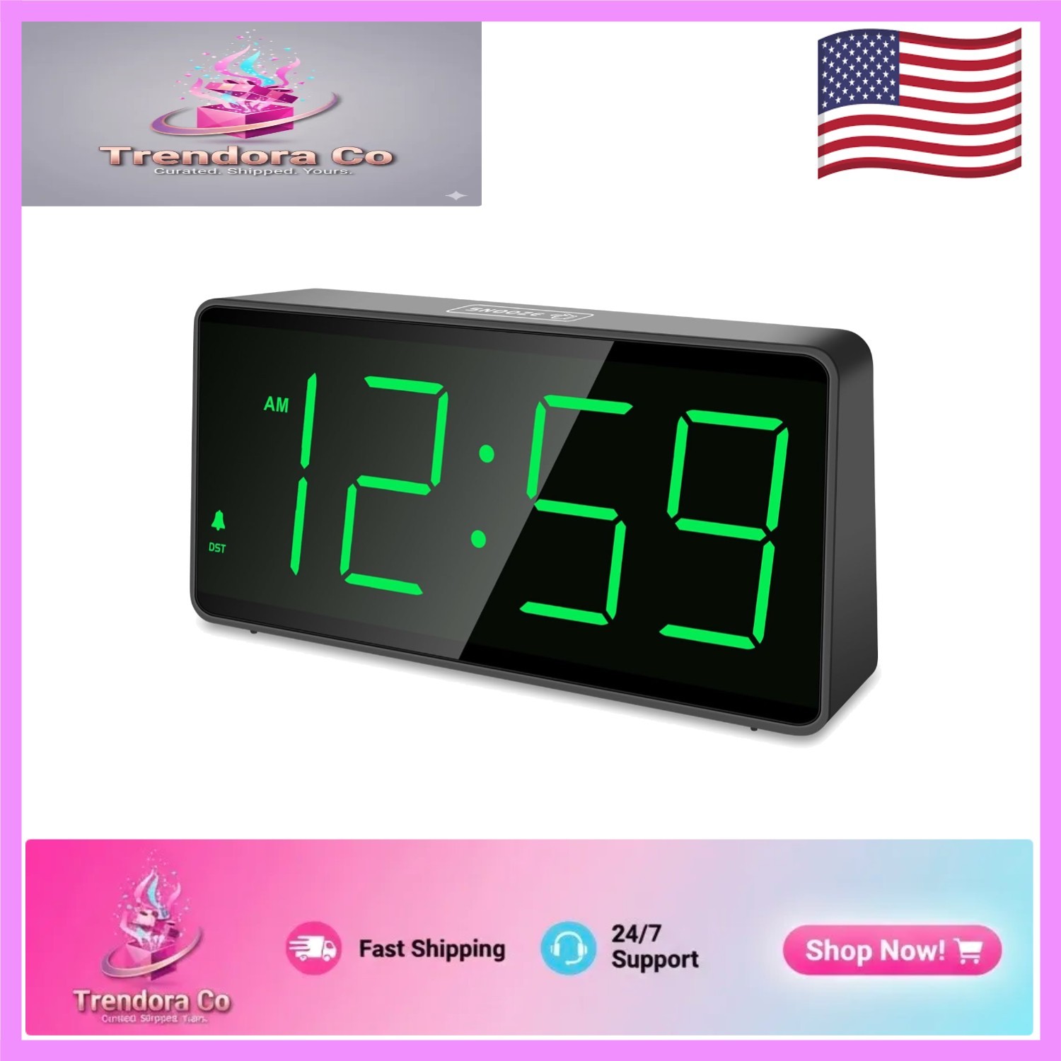Cordless Digital Alarm Clock for Bedrooms - Big Green Digits & Adjustable Volume