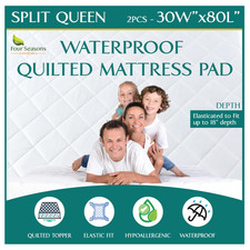 Split Queen Size Waterproof Mattress Pad, Fitted Quilted Pillow Top Protector
