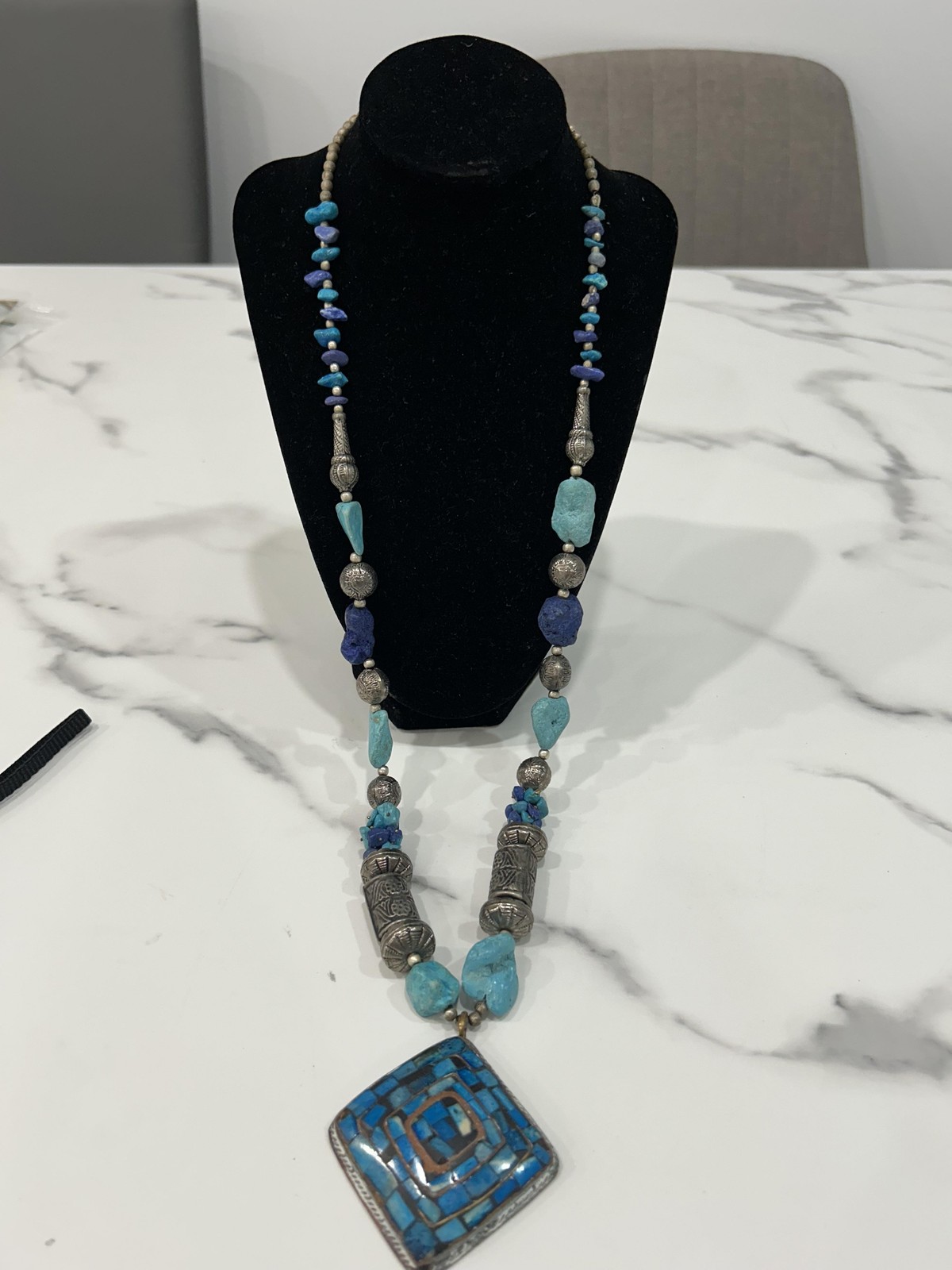 Handmade Blue Stone Beaded Statement Necklace Mos… - image 5