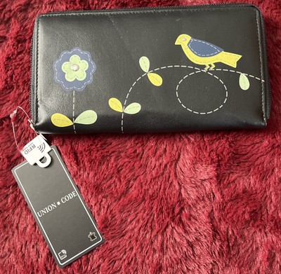 UNION CODE Zip Around Black Leather w/RFID Wallet w/BIRD & Flowers NEW