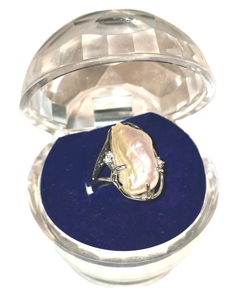 Enorme anillo de oro blanco de 14 kt de perlas barrocas de 1" de alto talla 7 ¡Impresionante! Foto 3 de 4