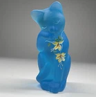 Hand Painted Fenton Lenox Celeste Blue Frost 4" Grooming Satin Glass Cat Figure