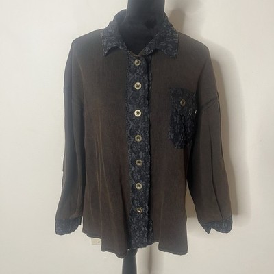 POL Women s Black Lace Brown Waffle Knit Contrast Oversized Button Up Top Sz S