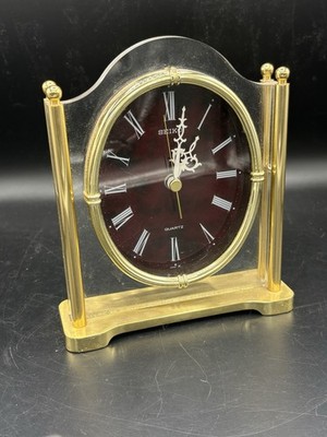 Vintage SEIKO QQZ337S Quartz Desk Mantle Shelf Clock Lucite Brass Japan 7  Works