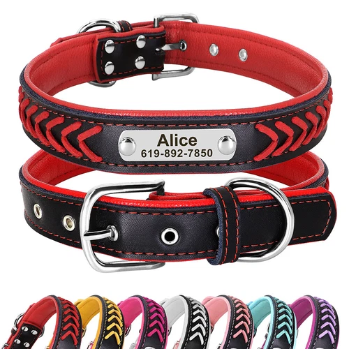 Braided Custom Personalized Dog Collars Leather Padded Dog Pet ID Name Collar