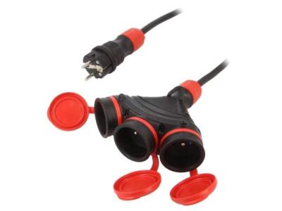 W-01172 extension cable 3x1.5mm² sockets: 3 rubber black 10m 16A KEL