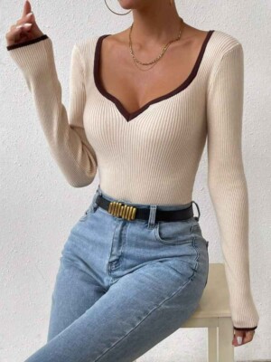 FAV  SHEIN Essnce Gerippter Strickpullover mit kontrastierender Einfassung Weiss