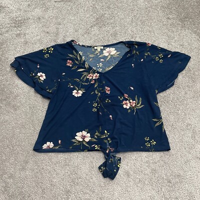 Lily White Cropped Top Womens Large Navy Blue Floral Short Sleeve Casual Blouse