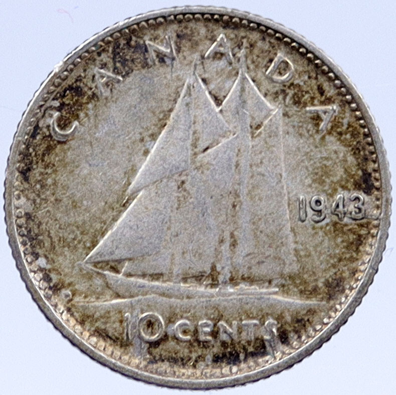1943 CANADA Silver 10 Cents BLUENOSE SHIP UK King George VI Coin