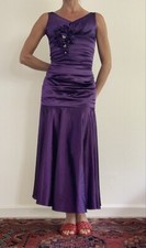 Vtg Cinderella Divine Purple Satin Ruched V-Neck Floral Mermaid Gown Dress M