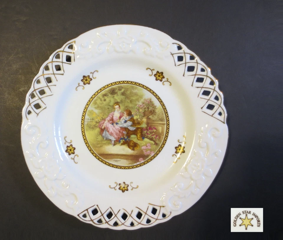 DOS (2) PLACAS DE PORCELANA DORADA ORO 24KT RETICULADO 8" RETRATO VICTORIANO FRANCIA Foto 4 de 4