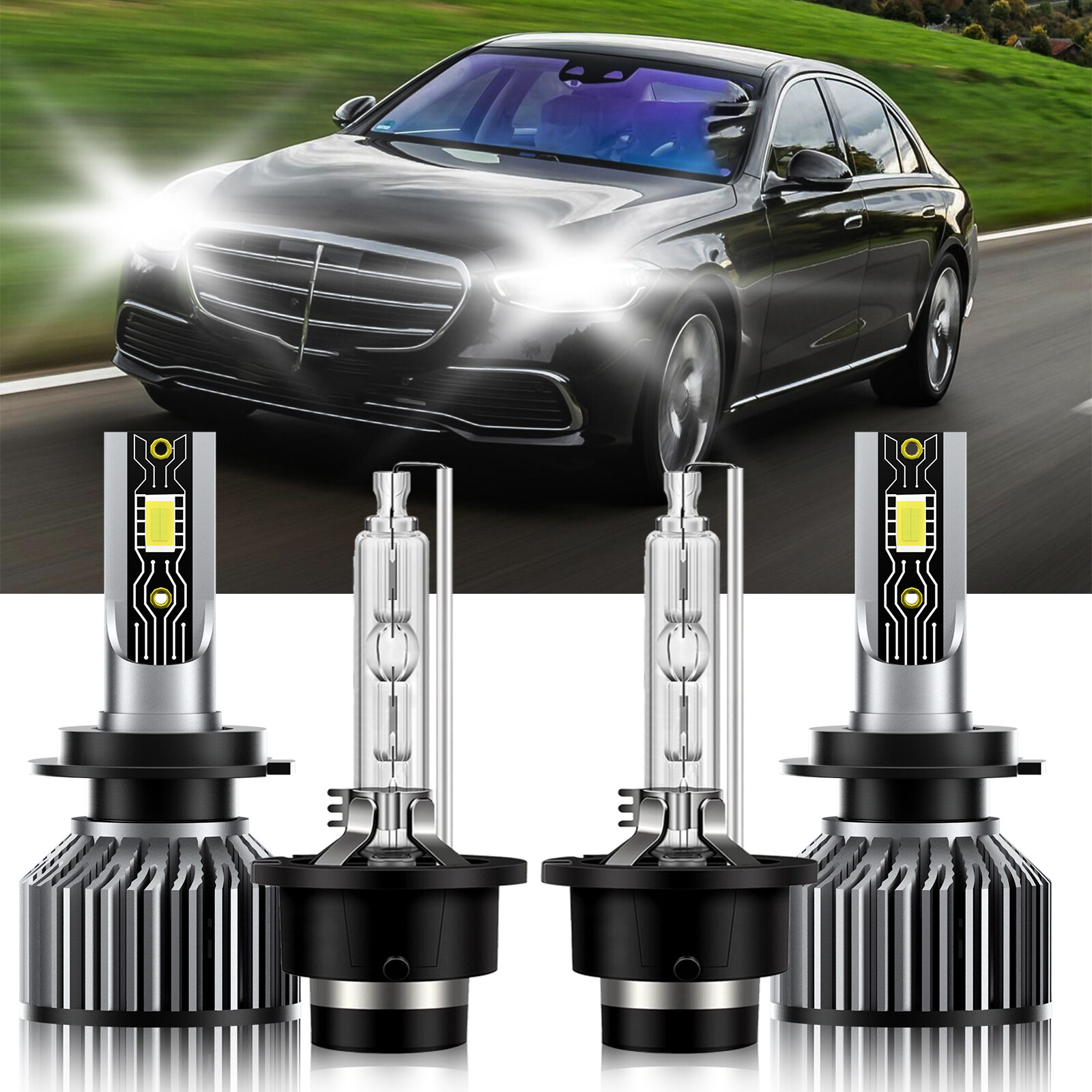 For Mercedes-Benz S500 1997-2005 4Pcs LED HID Headlight Bulbs High Low H7+D2S