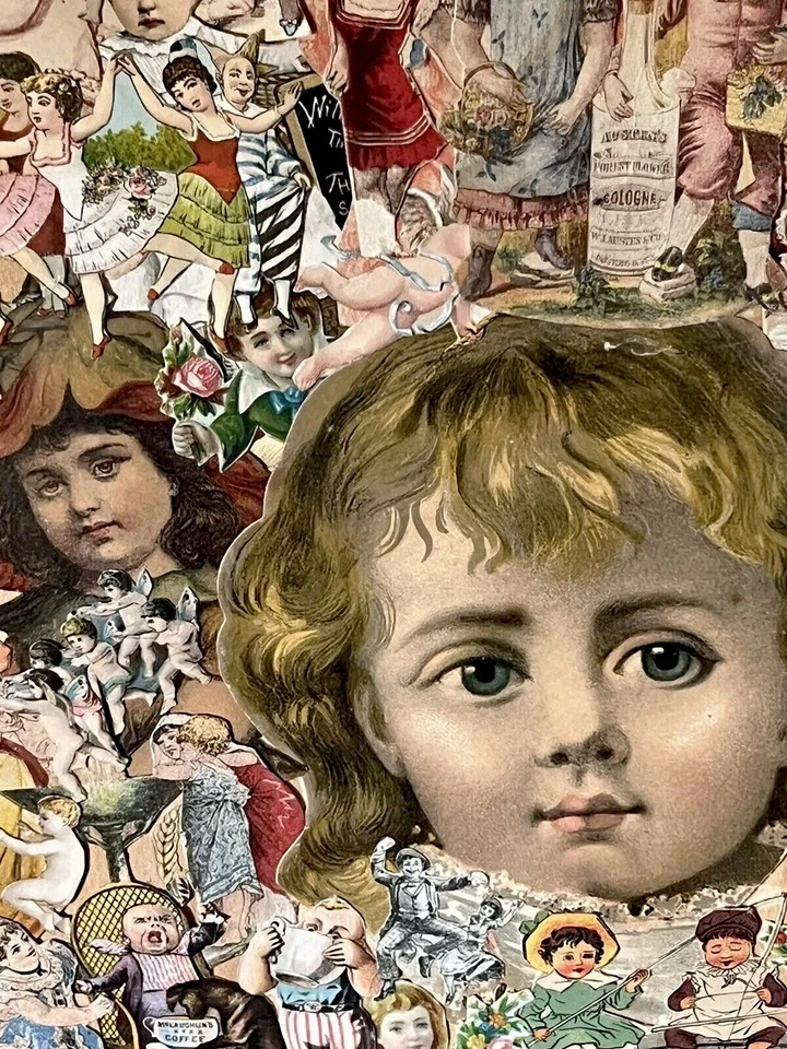 🚩Gran collage decoupage de arte popular victoriano antiguo de 18" enmarcado 1890-1895 Foto 3 de 4