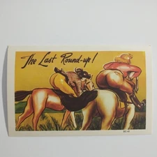 Postcard Comic Last Round Up Linen Funny 2 Girls Ridding Horses 