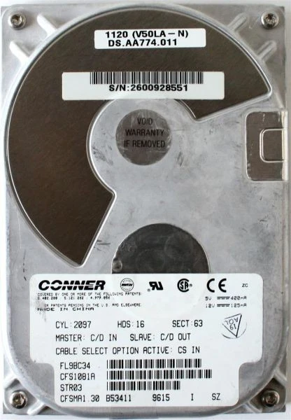 Hdd 1gb, conner cyl:2097 hds:16 sect:63 cfs1081a str03 - Image 2 of 2