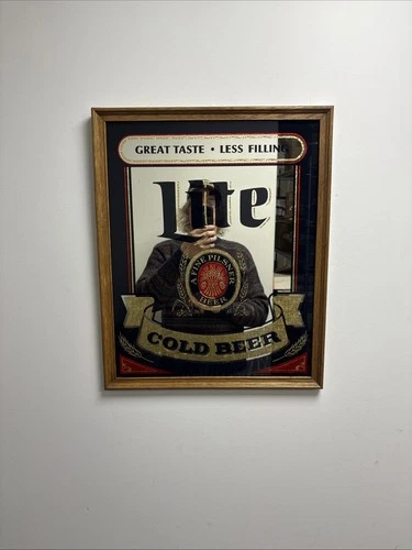 Vintage Framed Mirrored Miller Lite Pilsner Beer Sign 16"x20" Mirror 17.5”x21.5”