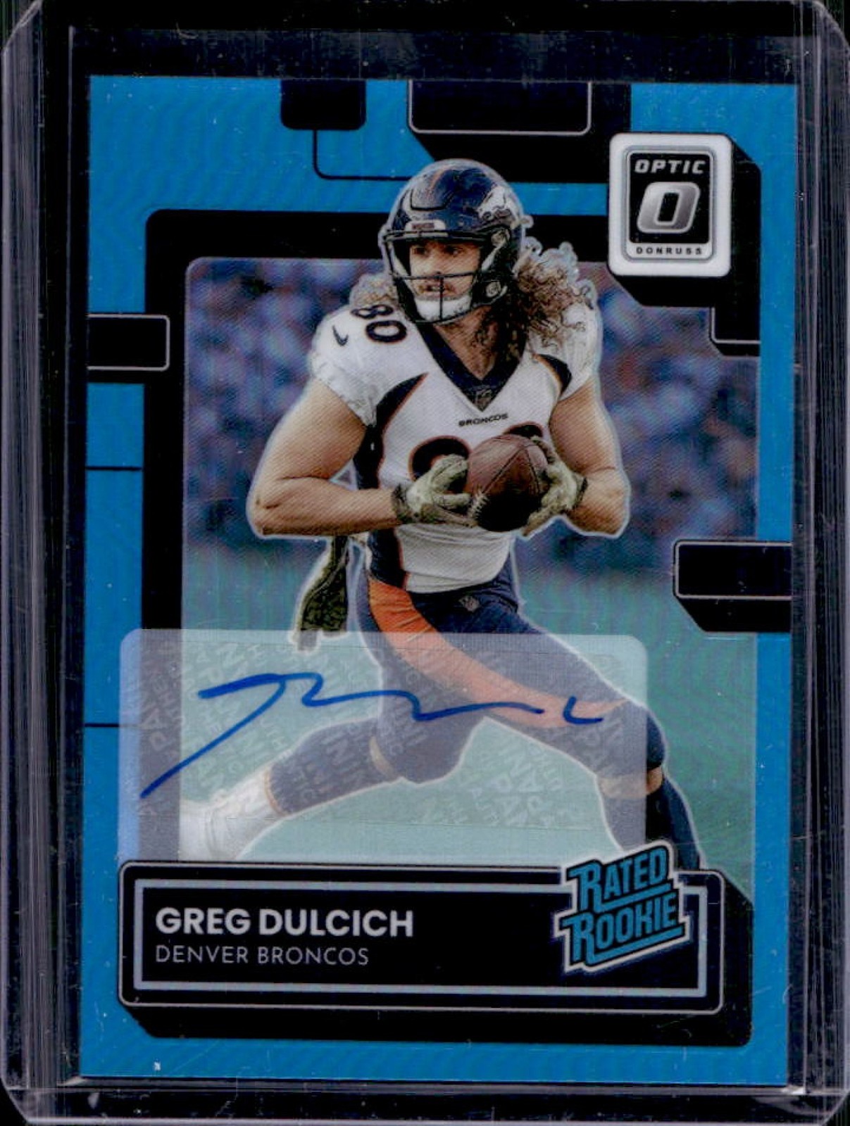 2022 Donruss Optic Greg Dulcich Rated Rookie Auto Blue RC #14/99 Broncos