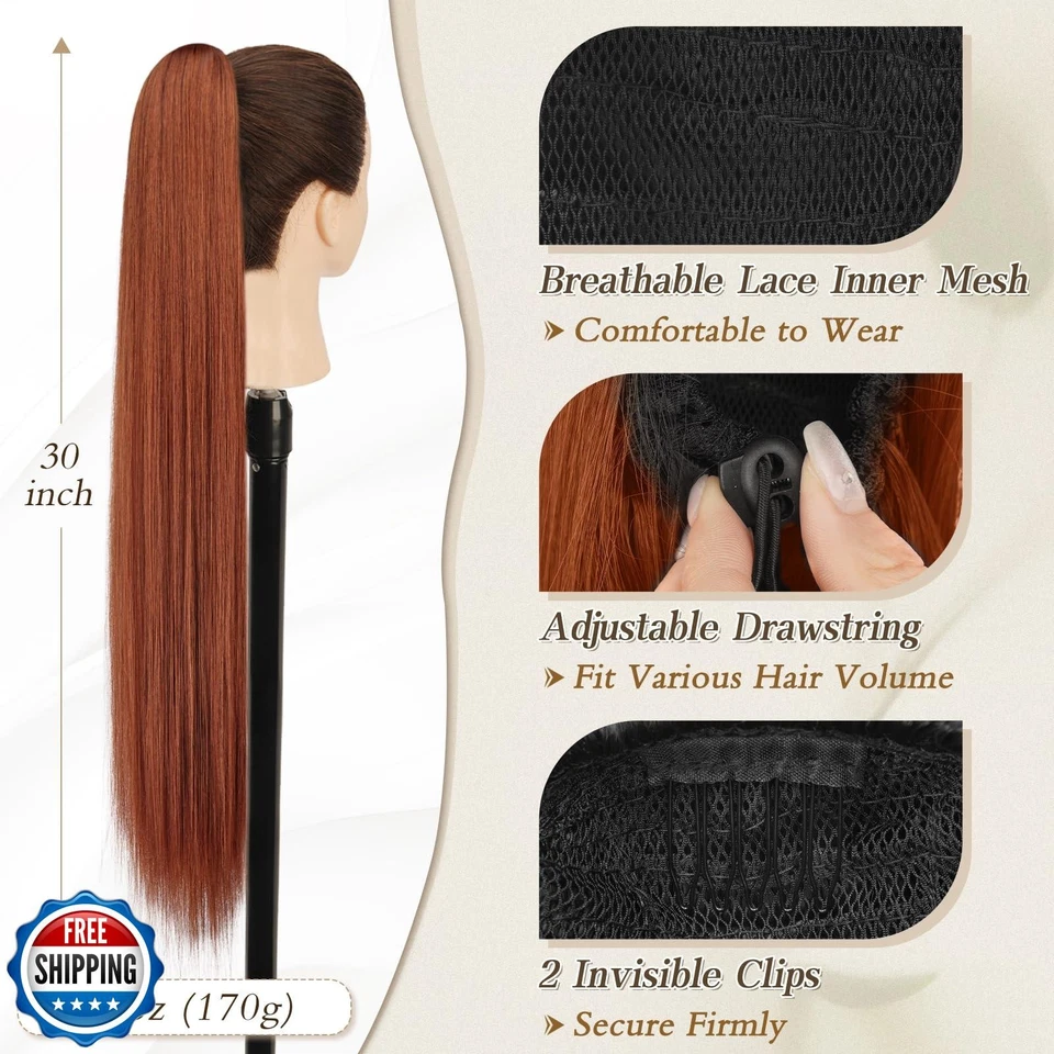 BARSDAR Auburn Ponytail Extension - 30 Inch Long Straight Drawstring Ponytail - Image 2 of 4