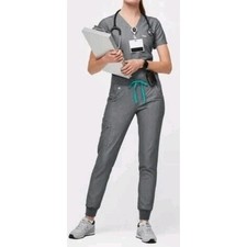 FIGS Technical Collection Jogger Scrub Pants Gray Teal Drawstring Size L