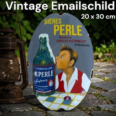 Vintage Alt BIERES PERLE Emaille Reklame Schild Enamel Plaque Sign Émaillée
