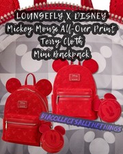 SOLD OUT NWT LOUNGEFLY DISNEY Mickey Mouse Red AOP Terry Cloth Mini Backpack