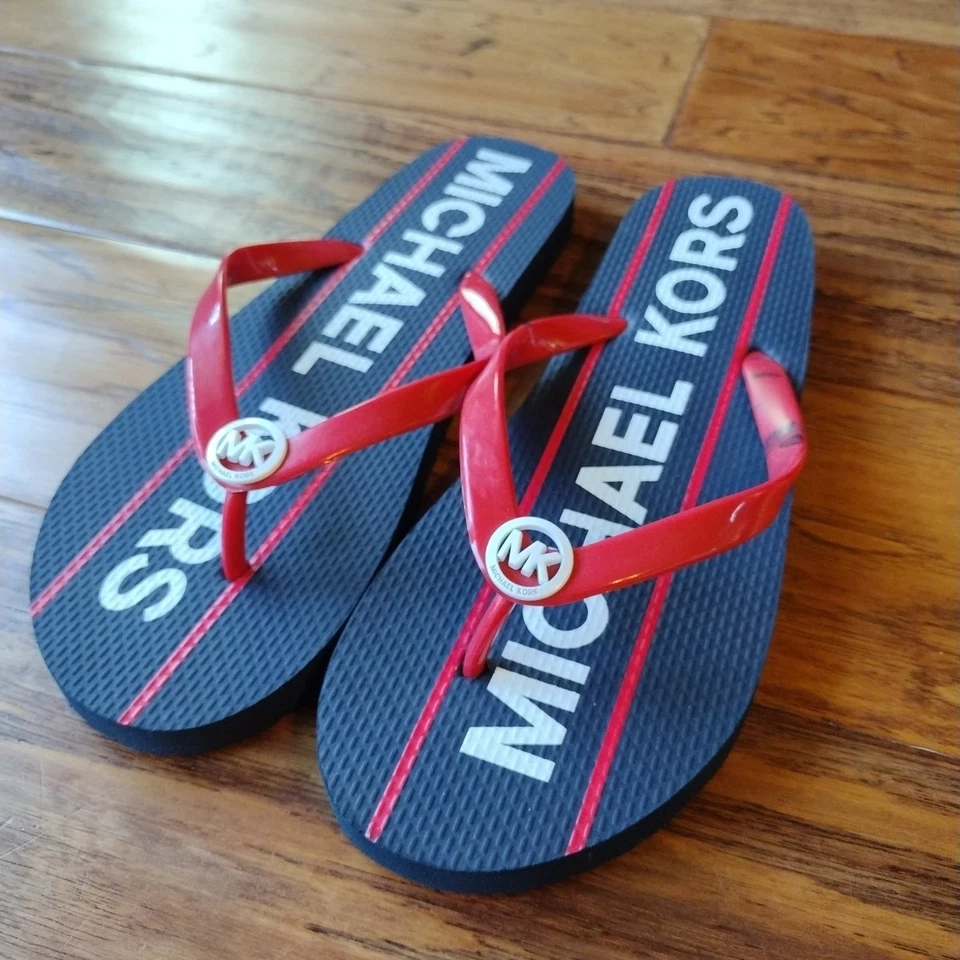 Zapato chanclas Michael Kors talla 9 para mujer azul marino a rayas logotipo MK impreso Foto 4 de 4