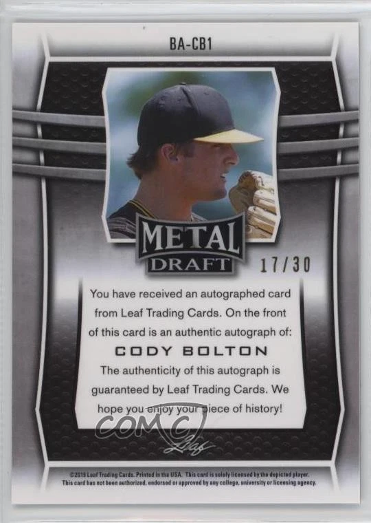 2019 Leaf Metal Draft Wave /30 Cody Bolton #BA-CB1 Auto - Image 2 of 2