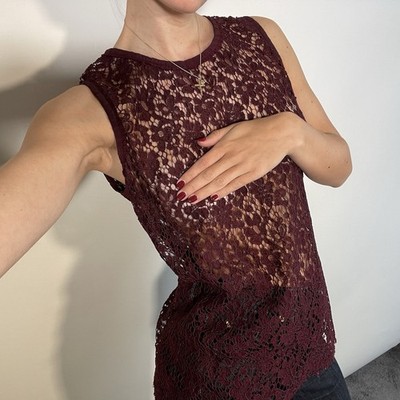 Dolce & Gabbana UK M Top Burgund Blumen Spitze Tank durchsichtig transparent Bluse roher Saum
