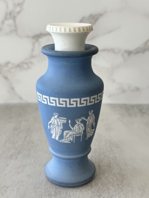 Vintage Mi-Cebrin 4'' Blue Glass Pill Bottle Spice Jar Wedgwood Jasperware Look