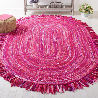 Handmade Pink & Fuchsia Braided Area Rug 6' x 9' Oval, Reversible Cotton