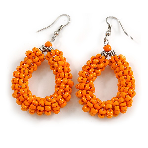 Orange Glass Bead Loop Drop Earrings In Silver Tone - 60mm Long