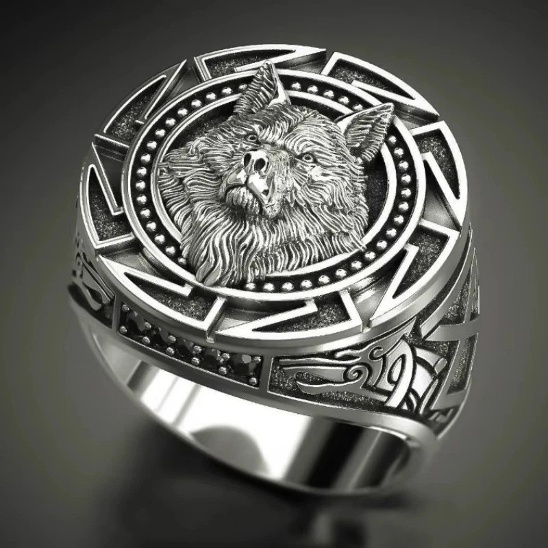 Anello da uomo vintage fatto a mano in metallo color argento, anello con volto di lupo, animale spirituale - Italia