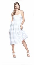 GUESS White Blue Striped Midi Sundress Button Smocked Sweetheart Neck Size S