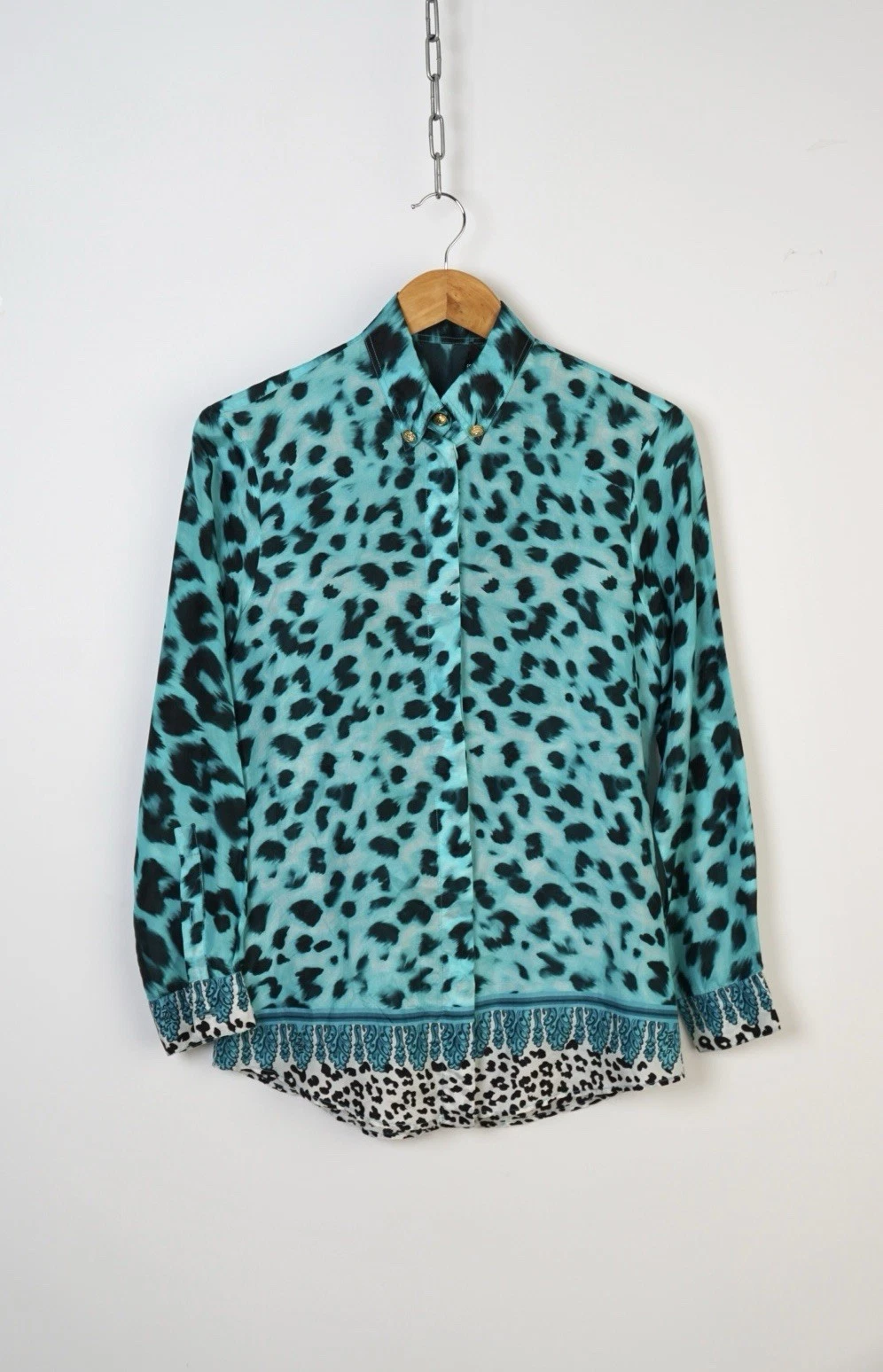 Versace — Versus Versace Silk Leopard Print Shirt – Turquoise Medusa Button Blouse IT 38