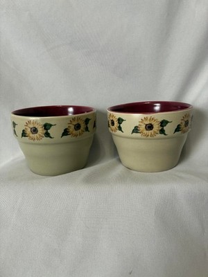 2 Small 3.25 inch Flower Pots wirh Sunflowers Painted Around the Rim Earthy Tan 
