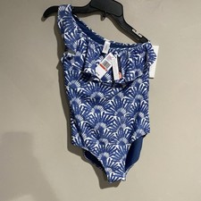 Vineyard Vines Women's One Piece Bathing Suit One Shoulder Ruffle Blue Fan Sz XS