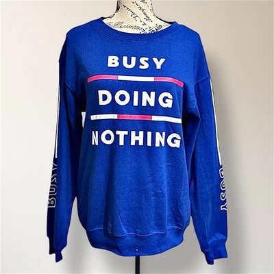 Wound Up S Blue White Graphic Sweatshirt Busy Doing Nothing Fleece Boxy Pullover - Image 1 of 4