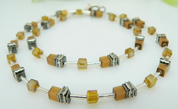 WüRfelkette Halskette Collier Cat Eye Kristallglas Braun Hellbraun Strass 502V-image