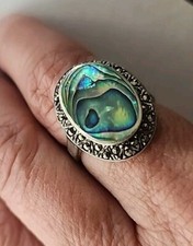 Vintage Paua Abalone Shell Marcasite Sterling Silver Ring - Size 10
