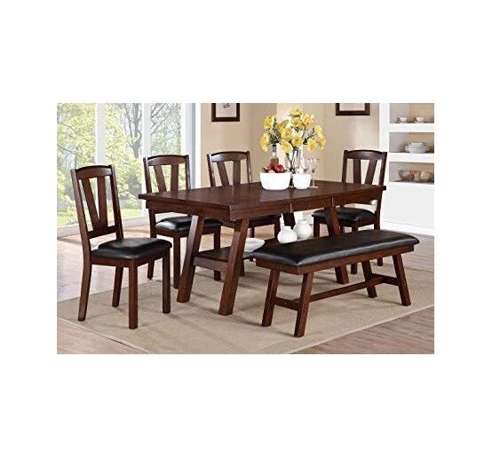 Juego de 2 sillas de comedor tapizadas con respaldo de diseño en forma de V de nogal acabado asiento acolchado Foto 2 de 2