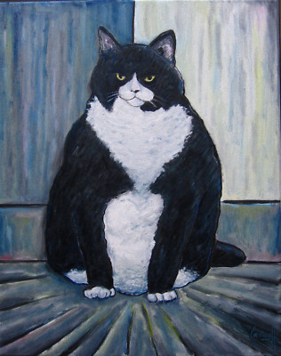 FLUBMAN  oil painting fat cat  16x20 canvas modern original art signed CROWELL 