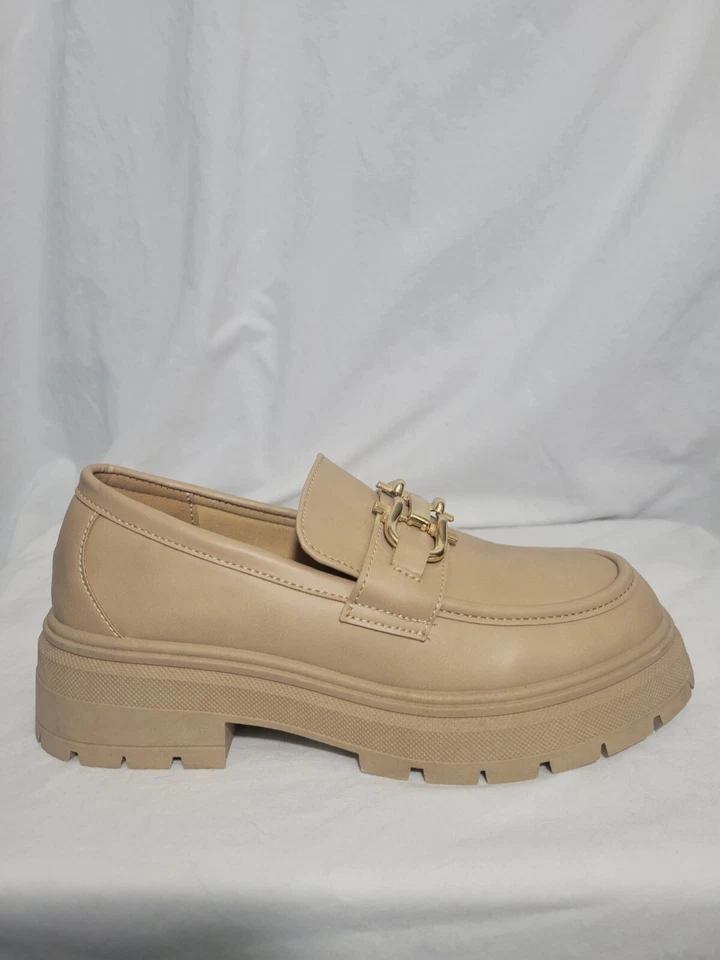 Qupid Tan Loafers Chunky Lug Sole Women’s size 7 Preppy Academia Shoes Foto 4 de 4