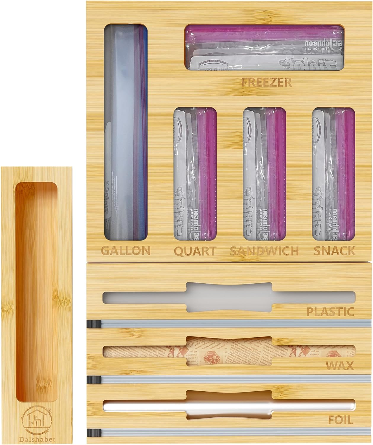 Organizador de cajones de bolsa de almacenamiento de bambú 9 en 1 con cortador, papel de aluminio y plástico