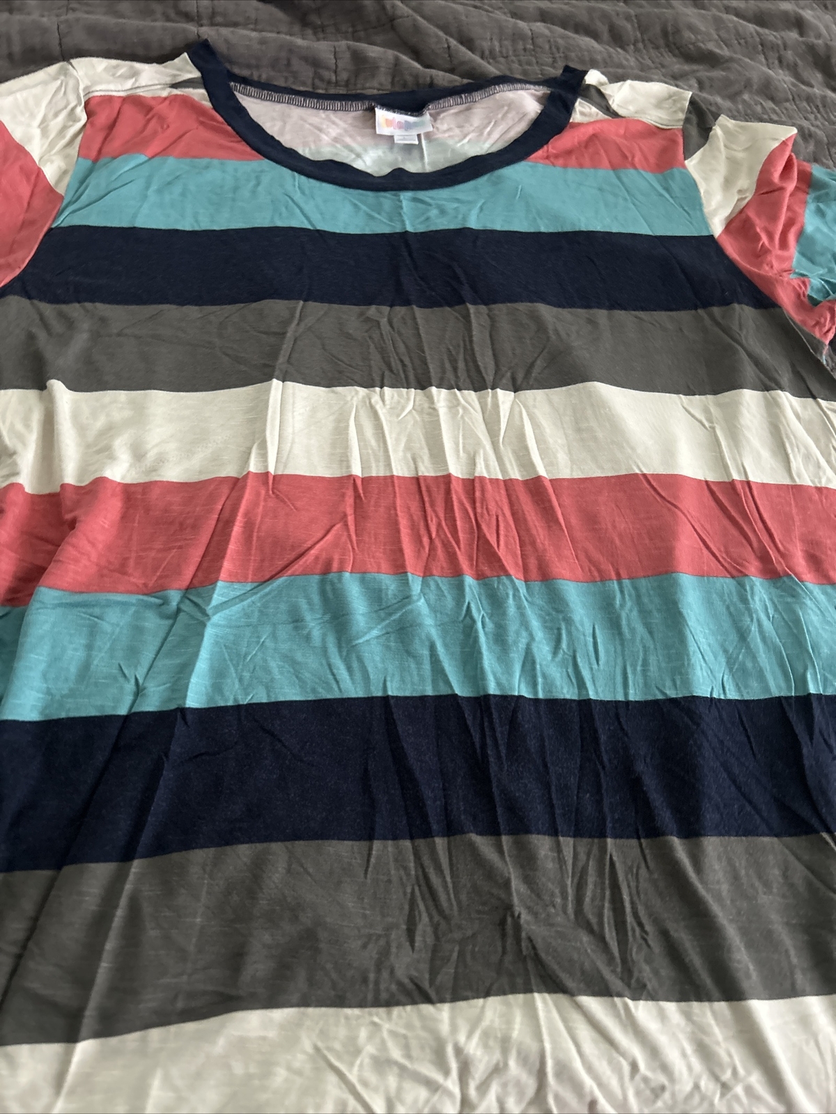 LuLaRoe Boyfriend Tee Navy Blue Teal Coral Stripe L Gem