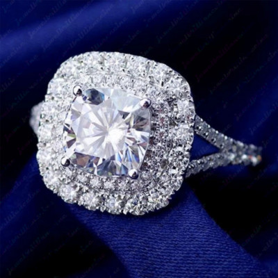 1,12 TCW Cushion Moissanit Doppel Halo Verlobungsring in 14K Weißgold vergoldet