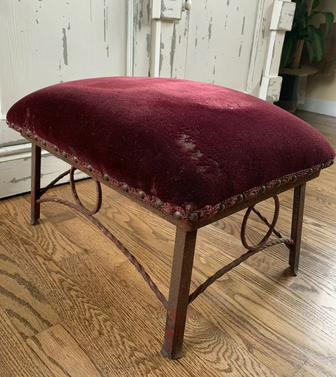 Antique Vintage Ornate Foot Stool Ottoman Velvet Metal