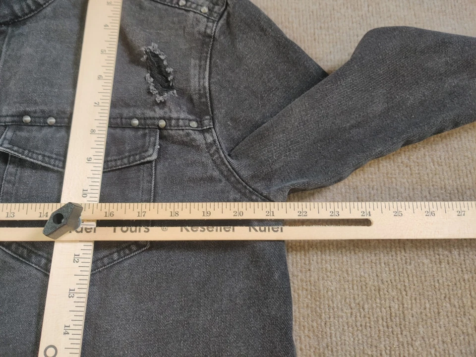 Crave Fame Almost Famous Denim Jean Jacket L Black Studs Distressed Grunge Skate - Image 3 of 4