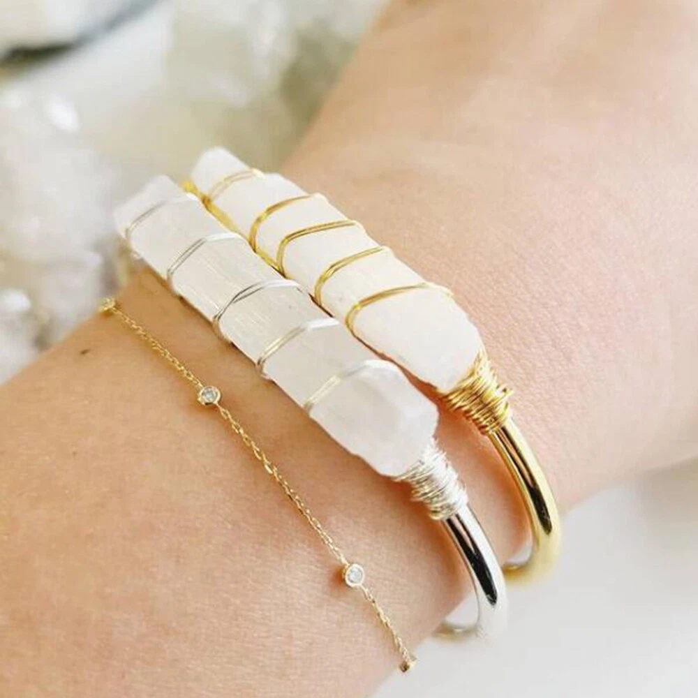 Wire Wrapped Selenite Wand Stick Bangle Crystal Bead Bracelet Opening Irregular