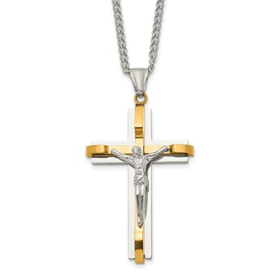 Stainless Steel Polished Yellow IP Crucifix Necklace